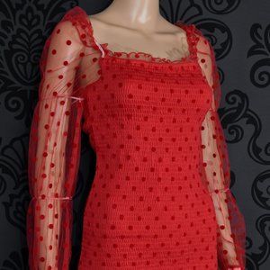 NEW W/ TAGS Eilly Bazer Red Polka-dot Smocked Bodycon Long Sleeve Mini Dress - M